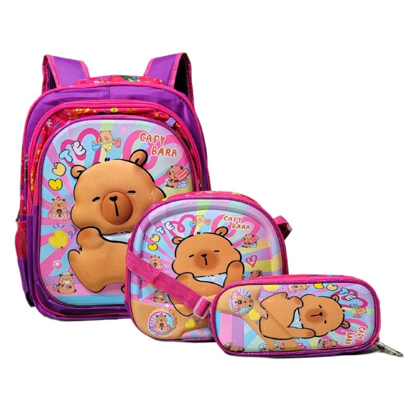 MOCHILA PARA NIÑOS(AS) CON DISEÑO DE CAPYBARA, CAPIBARA CON LUCES LED AL TACTO EN SET DE 3 PIEZAS
