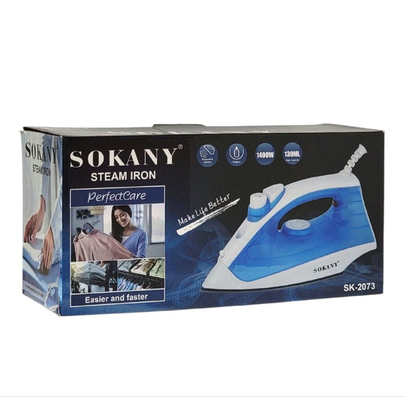 MAQUINA PLANCHA DE ROPA, PLANCHA DE VAPOR FUNCION DE SECADO, VAPOR Y ROCIADO, BOTON DE PULVERIZACION, CONTROL DE TEMPERATURA, TANQUE DE 130ML, 1400W CABLE GIRATORIO, LUZ INDICADORA SOKANY SK-2073