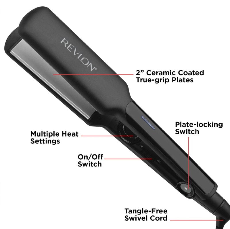 PLANCHA PARA EL CABELLO, SUAVE Y RECTO, PLACAS DE AGARRE DE 2", RESULTADOS RAPIDOS PARA PEINADOS SUAVES, MULTIPLES CONFIGURACIONES DE CALOR, INTERRUPTOR DE BLOQUEO REVLON