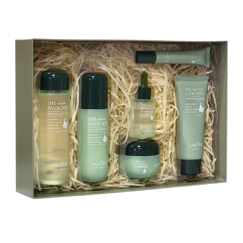 SET DE CUIDADO FACIAL DE AGUACATE ORGANICO DE 6 PIEZAS, EFECTO HIDRATANTE, PIEL SUAVE Y TERSA SADOER THE ORGANIC AVOCADO
