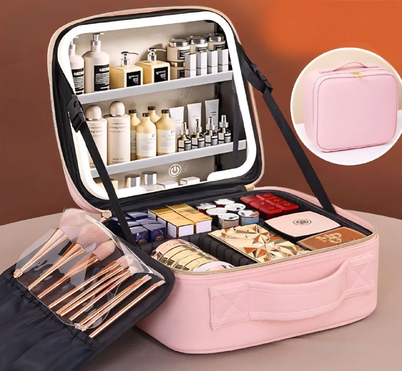 ESTUCHE ORGANIZADOR DE MAQUILLAJE CON ESPEJO LED 3 MODOS DE ILUMINACION, RESISTENTE AL POLVO Y AGUA, CORREA AJUSTABLE, 3 COLORES ACCESOIRES BEAUTE