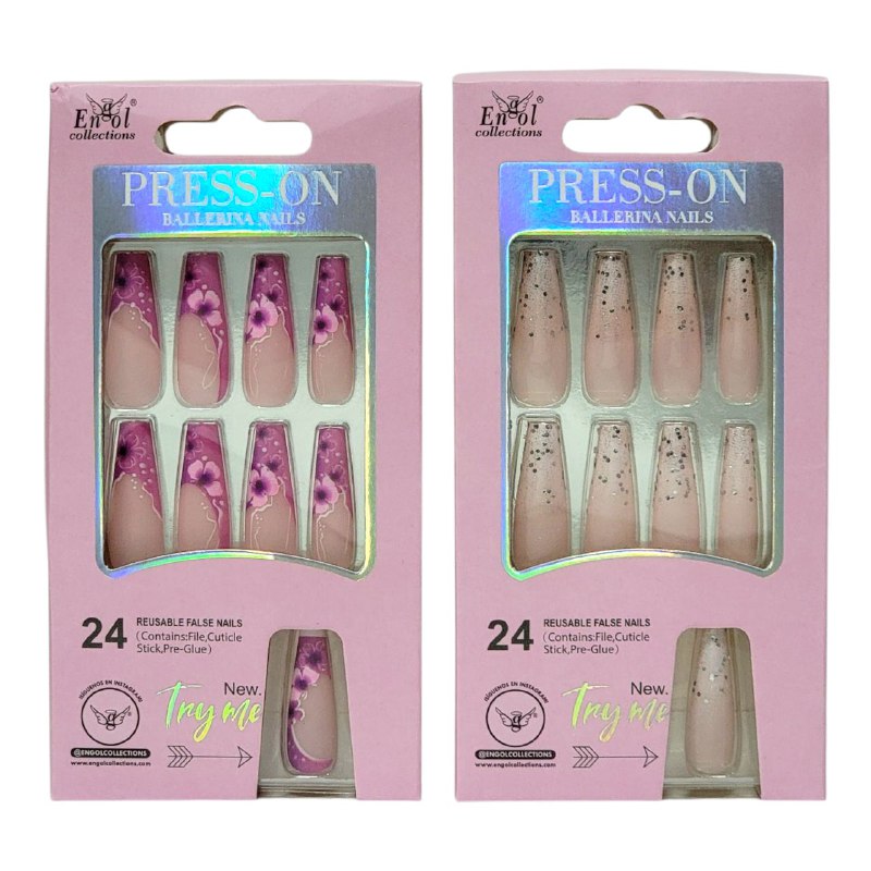 UÑAS PRESS ON, POSTIZAS REUTILIZABLES EN SET DE 24 UÑAS, LIMA, PAILLO PARA CUTICULA Y PEGAMENTO ENGOL COLLECTIONS