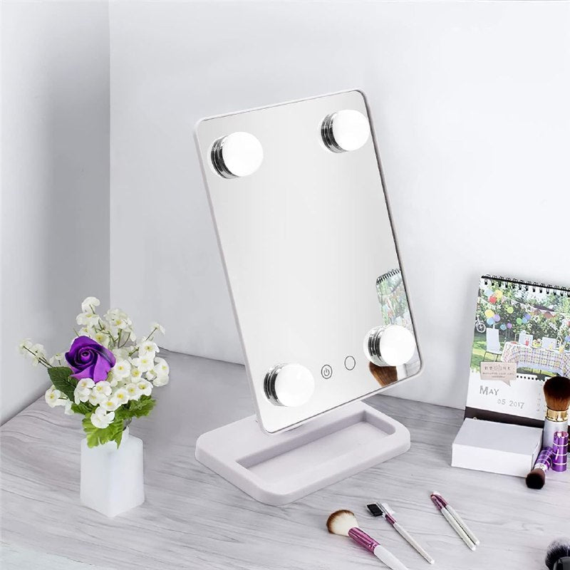 ESPEJO PARA MAQUILLAJE PORTATIL LED, ROTACION 360° COLOR BLANCO