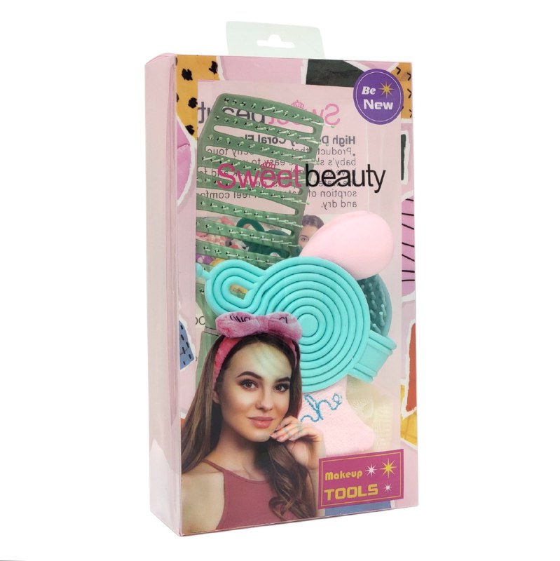 SET DE CUIDADO PERSONAL, ESPONJA MAQUILLAJE, ESPONJA DE BAÑO Y CEPILLO DE PELO SWEET BEAUTY