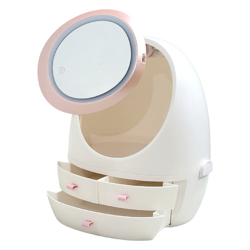 ORGANIZADOR ESTANTE DE COSMETICOS, MAQUILLAJE CON 4 COMPARTIMIENTOS, ESPEJO CON LUZ LED DE 3 MODOS DE INTENSIDAD COLOR BLANCO