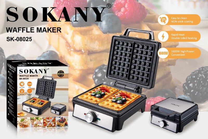 MAQUINA WAFFLERA SK-08025, RECUBRIMIENTO ANTIADHERENTE, PLASTICO RESISTENTE AL CALOR, INDICADOR DE ENCENDIDO, 1200W FUERZA, CALEFACCION DE DOBLE CARA SOKANY