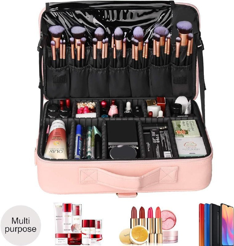 ORGANIZADOR ESTUCHE DE ALMACENAMIENTO DE MAQUILLAJE PORTATIL CON SEPARADORES AJUSTABLES ROSADO 34.5x23.5x12CM