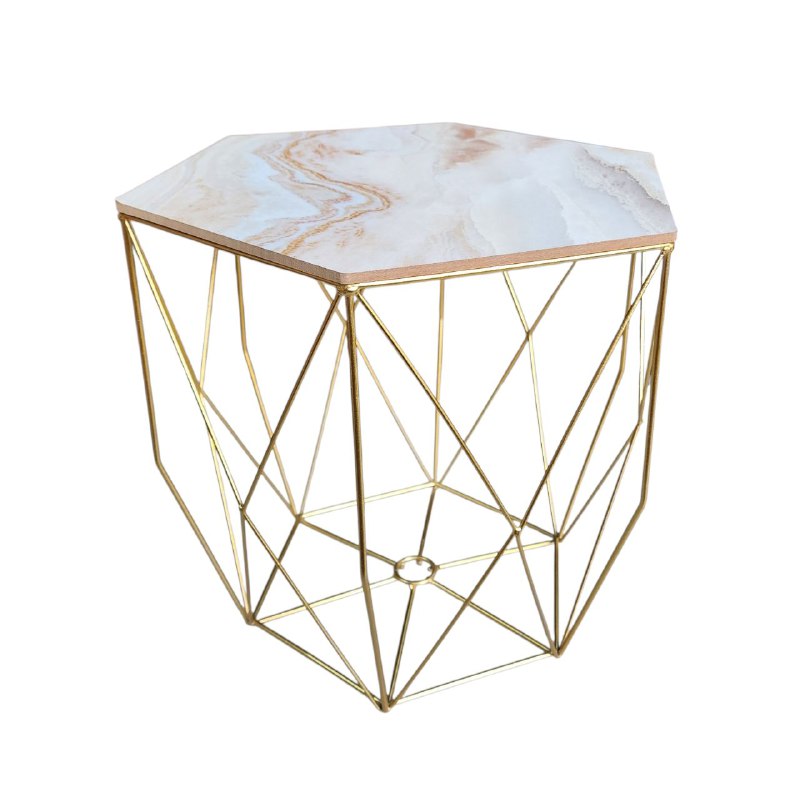 MESA COMEDOR EN SET DE 2 MESAS DECORATIVAS METALICAS DORADAS CON ACABADO MARMOL COLOR CREMA