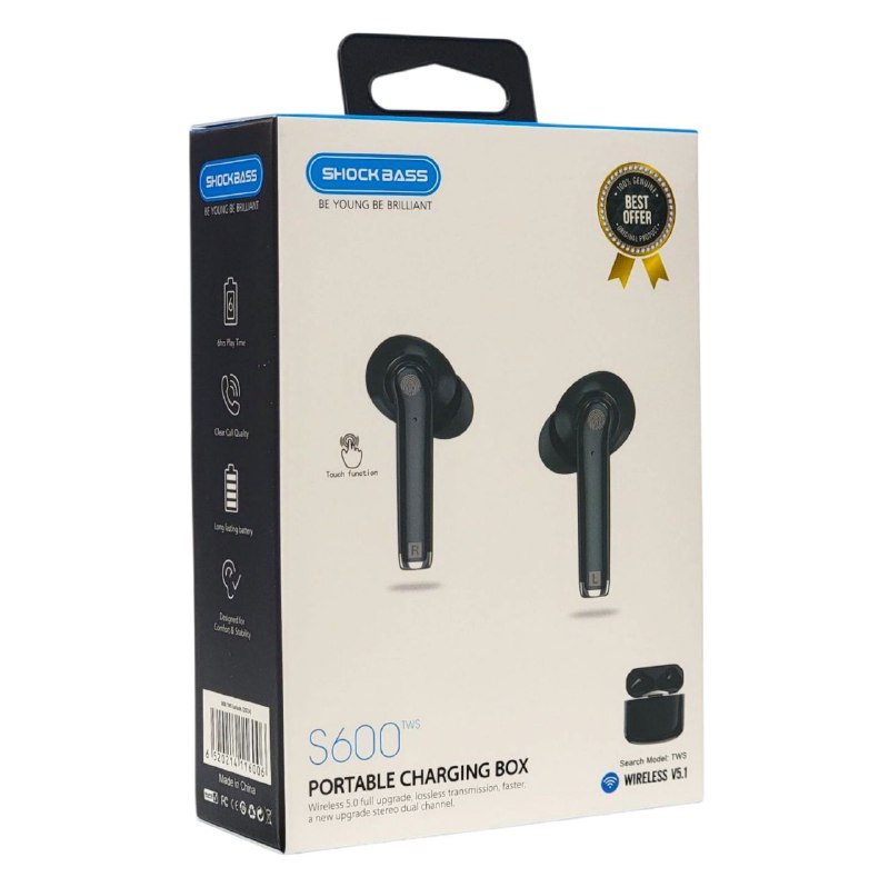 AUDIFONOS AURICULARES INALAMBRICOS ORIGINALES, SONIDO DINAMICO CLARO, CONTROL TACTIL, EMPAREJAMIENTO AUTOMATICO, ESTUCHE DE CARGA, RANGO 10MTS, BATERIA 20H SHOCKBASS S600 TWS