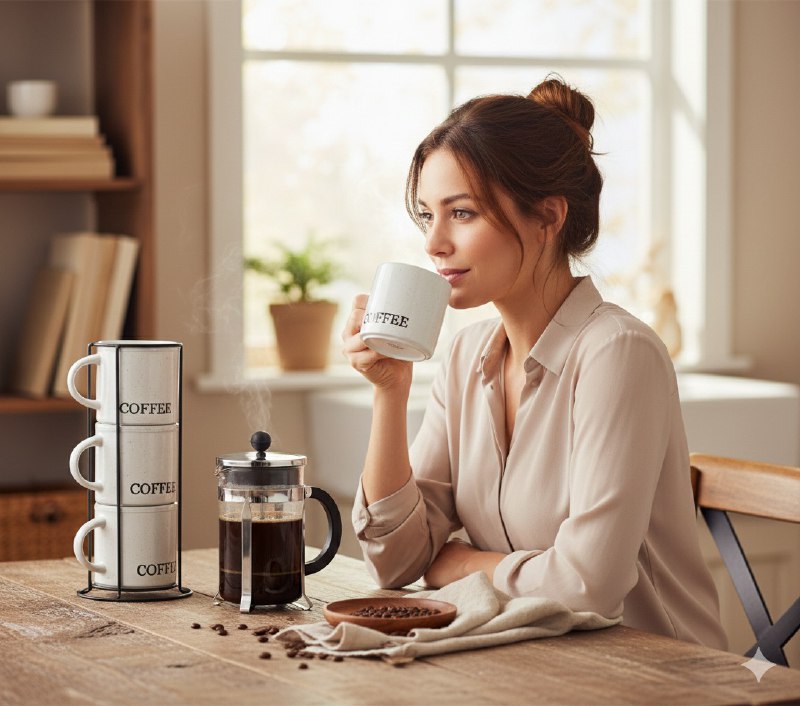 JUEGO DE 4 TAZAS DE CAFE APILABLES DE CERAMICA CON ESTANTE DE METAL ELEGANTES MINIMALISTAS 9X9CM