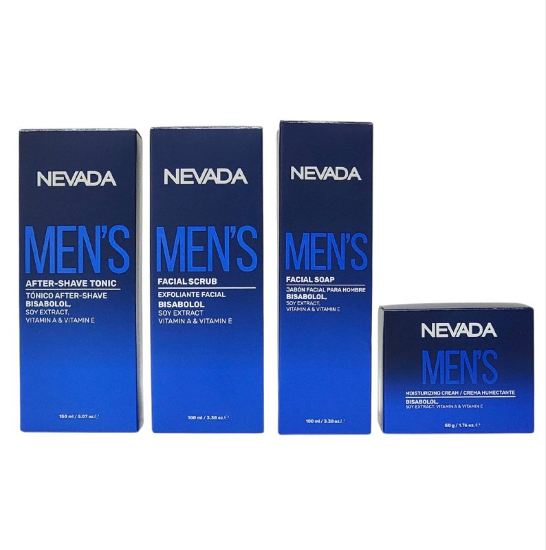 SET TRATAMIENTO FACIAL PARA HOMBRES, JABON FACIAL LIMPIADOR 100ML, EXFOLIANTE FACIAL RENOVANTE 100ML, TONICO DESPUES DE AFEITAR HIDRATANTE 150ML, CREMA FACIAL HIDRATANTE 50G NEVADA MENS CARE