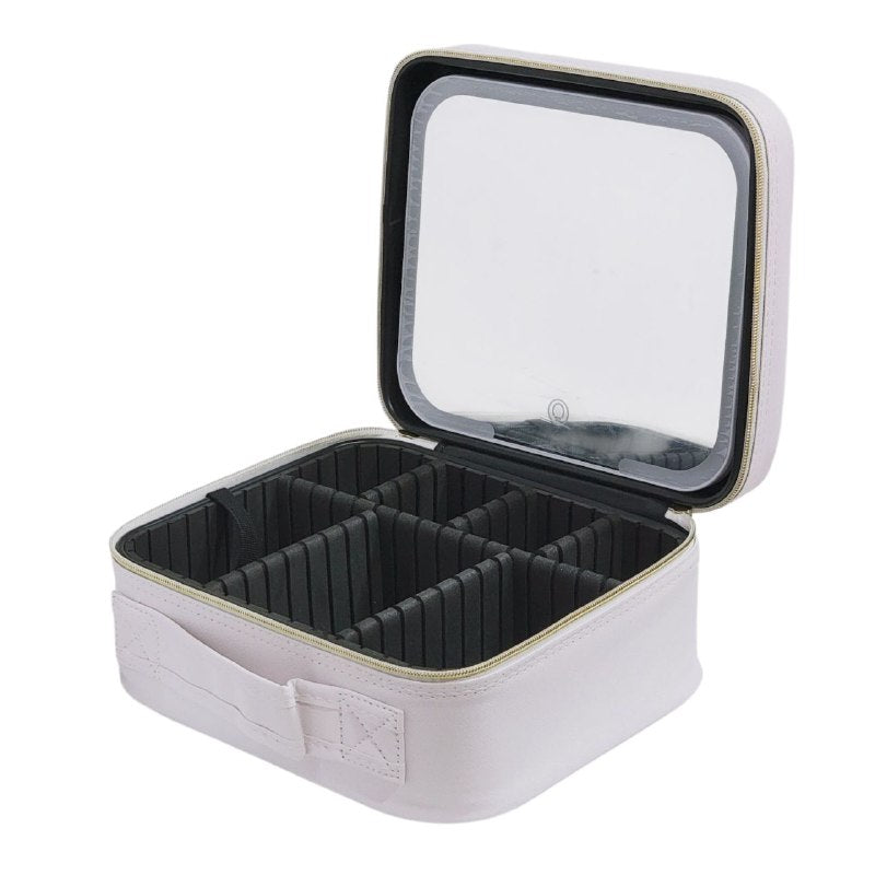 ESTUCHE ORGANIZADOR DE MAQUILLAJE CON ESPEJO LED 3 MODOS DE ILUMINACION, RESISTENTE AL POLVO Y AGUA, CORREA AJUSTABLE, 3 COLORES ACCESOIRES BEAUTE