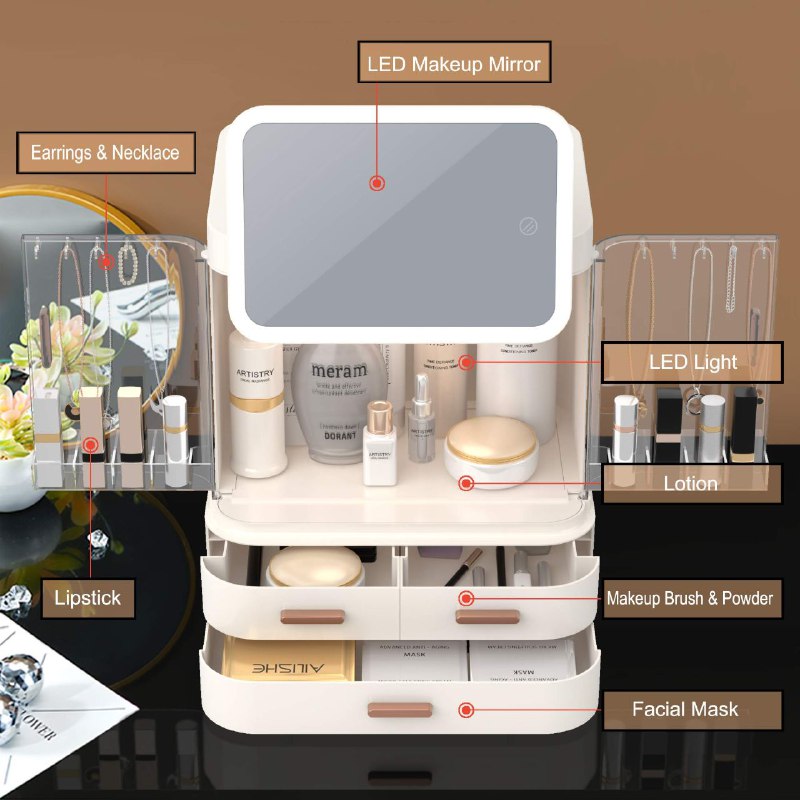 ORGANIZADOR ESTANTE DE COSMETICOS MAQUILLAJE CON ESPEJO AJUSTABLE 360 GRADOS CON LUZ LED, CABLE USB