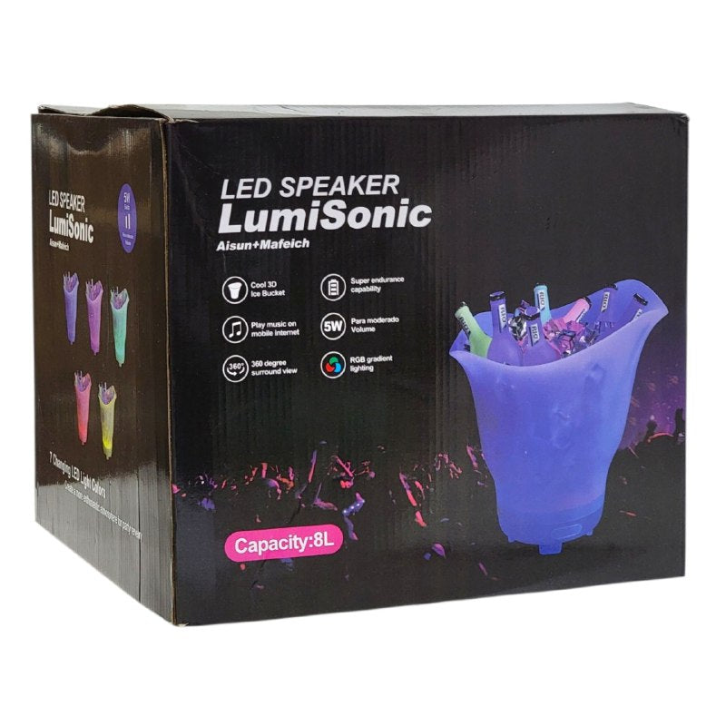 MAQUINA CUBETA PARA HIELO PARA FIESTA O PLAYA LED CON ALTAVOZ BLUETOOTH DE GRAN CAPACIDAD 8LTS