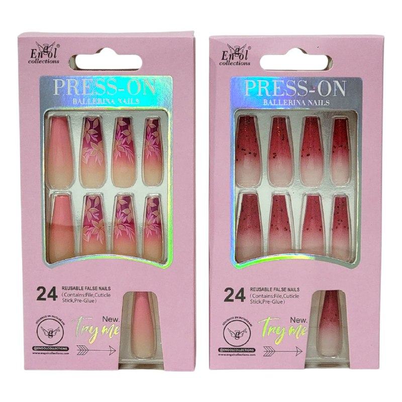 UÑAS PRESS ON, POSTIZAS REUTILIZABLES EN SET DE 24 UÑAS, LIMA, PAILLO PARA CUTICULA Y PEGAMENTO ENGOL COLLECTIONS