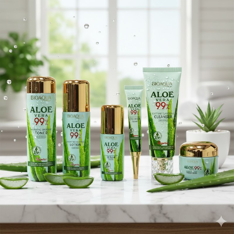 SET DE CUIDADO FACIAL DE 6 PIEZAS DE ALOE VERA SUAVIZANTE, LIMPIADOR 100G, TONICO 130ML, CREMA 100ML, SUERO 40ML, CREMA HIDRATANTE 50G, CREMA DE OJOS 20G BIOAQUA