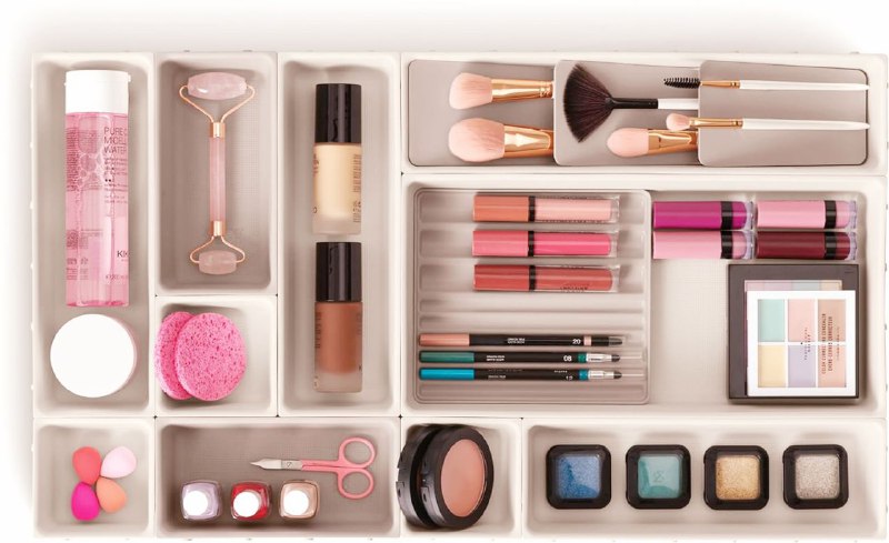 ORGANIZADOR DE COSMETICOS DE 12 PIEZAS PARA CAJON O GAVETA, DISEÑO MODULAR DE FACIL INSTALACION, DIVISORES PARA MAQUILLAJE, ETC 62X35.2CM