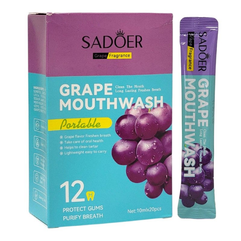 ENJUAGUE BUCAL PORTATIL CON SABOR A UVA DURACION 12 HORAS 20UND SADOER 10ML