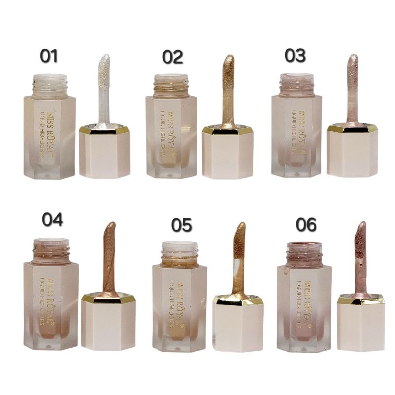 ILUMINADOR LIQUIDO DE LARGA DURACION 2.5G, DUPE DE SHEGLAM, MISS ROYAL RESISTENTE AL AGUA, 6 TONOS