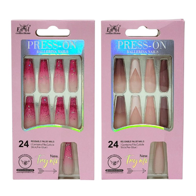 UÑAS PRESS ON, POSTIZAS REUTILIZABLES EN SET DE 24 UÑAS, LIMA, PAILLO PARA CUTICULA Y PEGAMENTO ENGOL COLLECTIONS