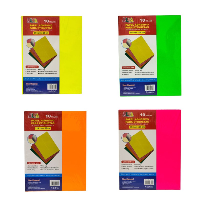 PAPEL ADHESIVO 10 HOJAS IDEAL PARA ETIQUETAS DE CODIGO DE BARRAS, PEGATINAS DE NOMBRE, MARCA DE FECHA, ETC ALFA 21.6X28CM