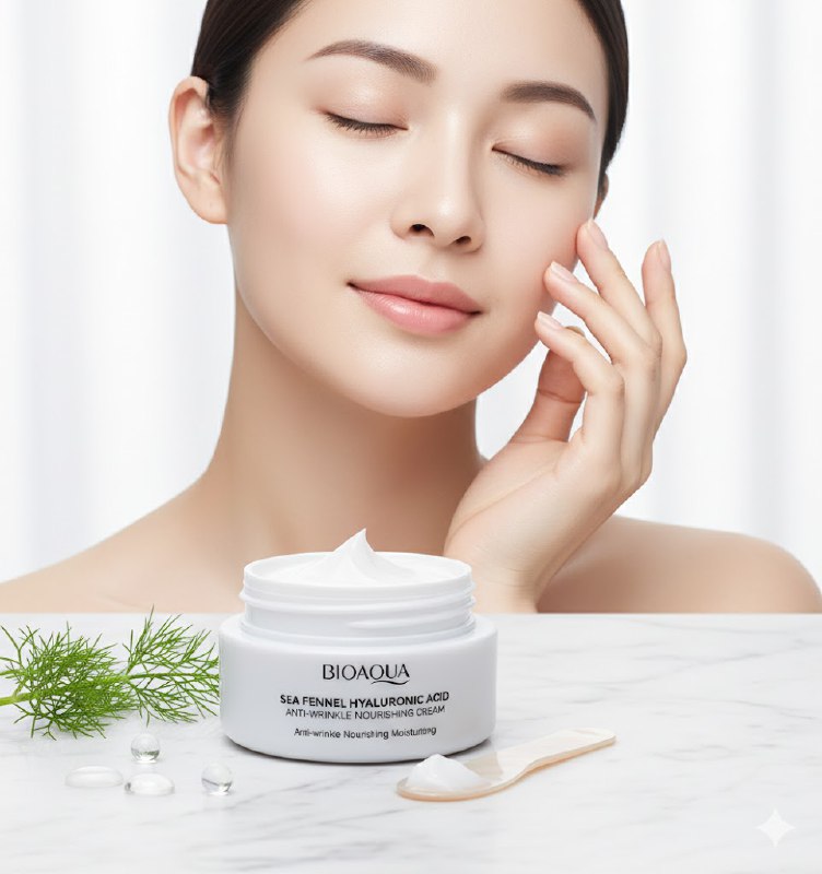 CREMA FACIAL DE ACIDO HIALURONICO DE HINOJO MARINO HIDRATANTE 60G, CON TEXTURA HUMEDA Y FACIL ABSORCION PARA HIDRATAR PROFUNDAMENTE, REDUCIR ARRUGAS Y CUIDAR LA PIEL SENSIBLE DEJANDOLA SUAVE BIOAQUA