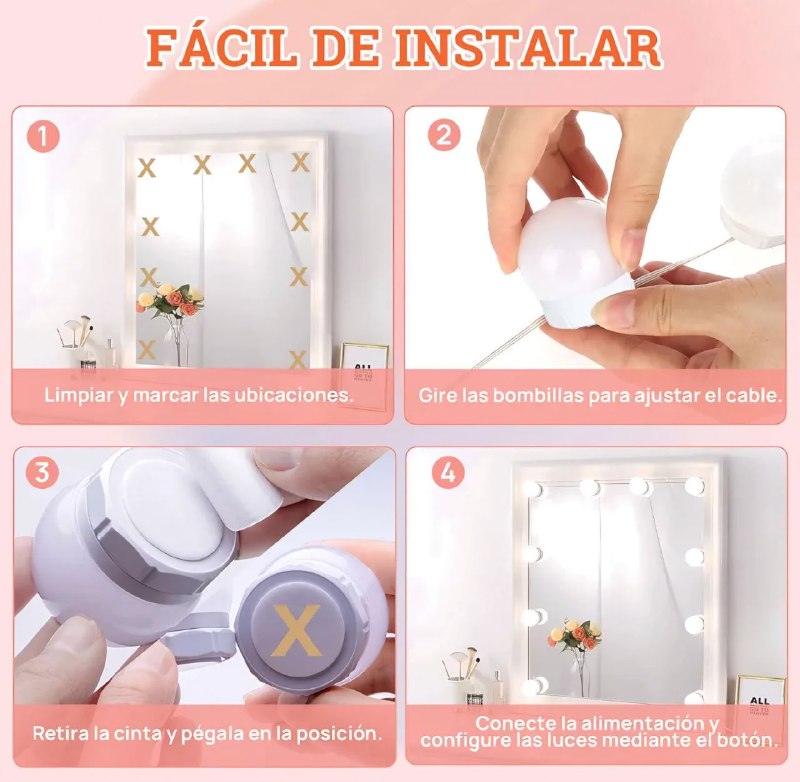 LUCES LED PARA ESPEJOS, 3 MODOS DE COLOR, 10 BOMBLLOS CON ADHESIVO FUERTE, ENCHUFE USB VANITY MIRROR LIGHTS