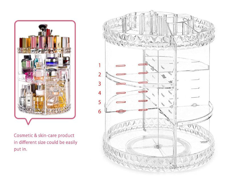 ORGANIZADOR ESTANTE DE MAQUILLAJE Y COSMETICOS GIRATORIO, CON UNA ROTACION DE 360 GRADOS QUE MAXIMIZA EL ESPACIO DE TU MOSTRADORM DISEÑO EN FORMA DE DIAMANTE DE ALTA CAPACIDAD Y ELEGANTE COSMETIC ORGANIZER DIAMOND-360 ROTATION 23X33CM