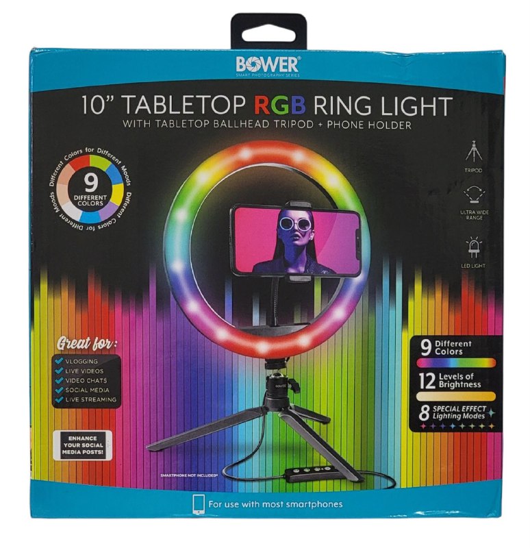 ARO DE LUZ LED RGB DE MESA CON SOPORTE PARA TELEFONO TRIPOIDE DE 10 PULGADAS BOWER