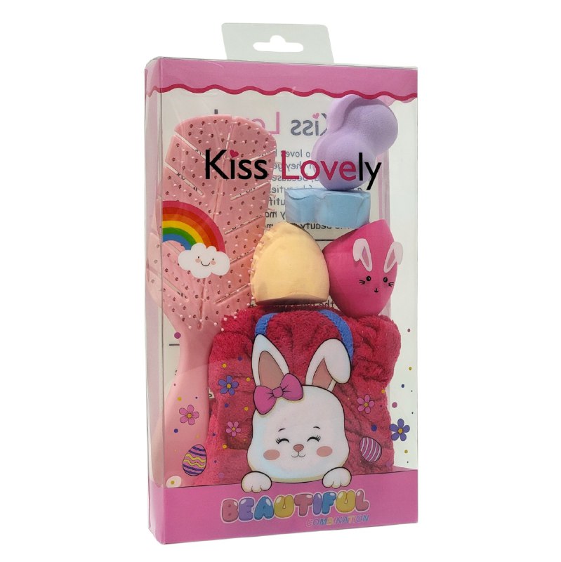 KIT DE CUIDADO FACIAL, GORRO, CEPILLO PELO Y ESPONJAS DE MAQUILLAJE KISS LOVELY, 5 COLORES