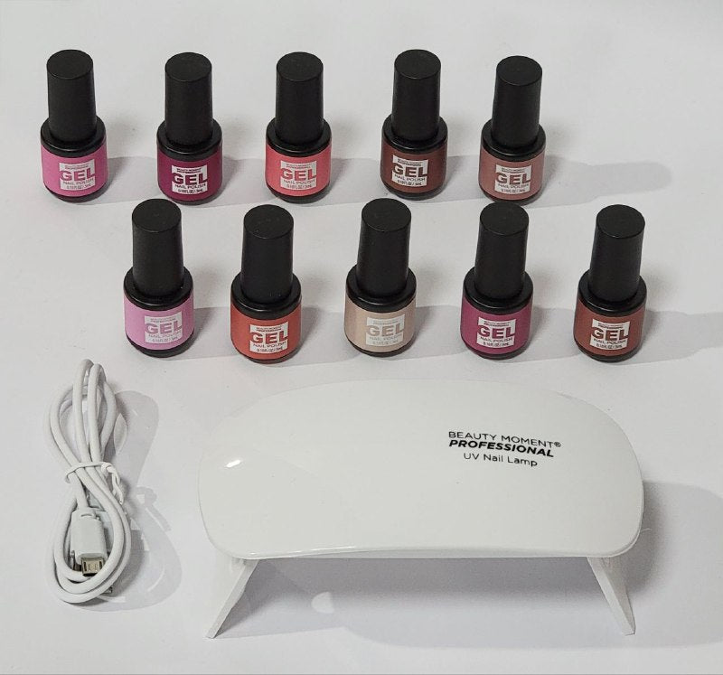 ESMALTES EN SET PARA UÑAS DE PULIDO EN GEL BEAUTY MOMENT PROFESSIONAL 10 MINI ESMALTES 5ML, LAMPARA UV USB