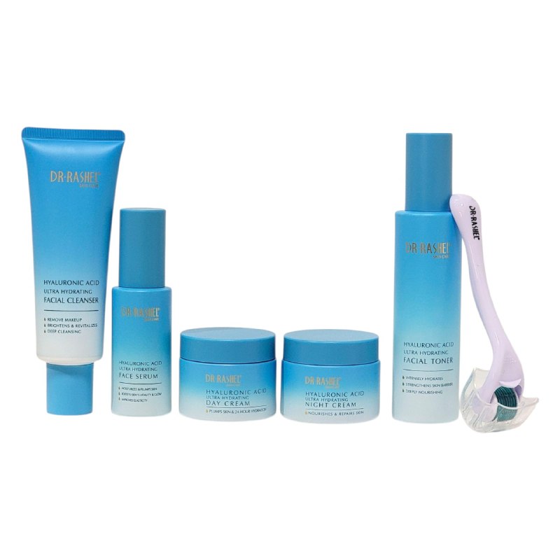SET DE CUIDADO FACIAL DE 6 PIEZAS ULTRA HIDRATANTE CON ACIDO HIALURONICO DR RASHEL, LIMPIADOR FACIAL 120G, TONICO 100ML, SUERO 50ML, CREMA DIA 50G, CREMA NOCHE 50G Y DERMAROLLER