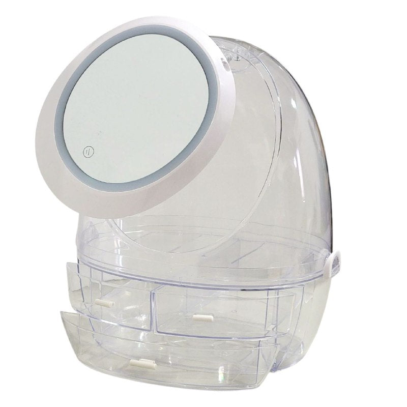 ORGANIZADOR ESTANTE DE COSMETICOS, MAQUILLAJE CON 4 COMPARTIMIENTOS, ESPEJO CON LUZ LED DE 3 MODOS DE INTENSIDAD COLOR TRANSPARENTE