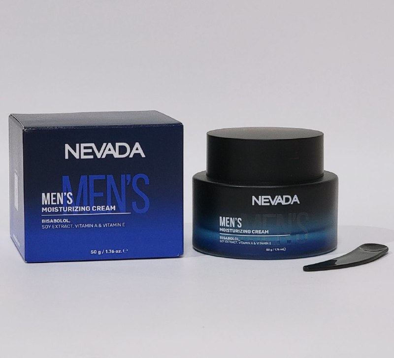 CREMA FACIAL HIDRATANTE PARA HOMBRE, CON BISABOLOL, EXTRACTO DE SOYA, VITAMINA A Y E, ESTIMULA LA CREACION DE COLAGENO RETRASA EL ENVEJECIMIENO DE LA PIEL RAPIDA ABSORCION NEVADA MENS 50G