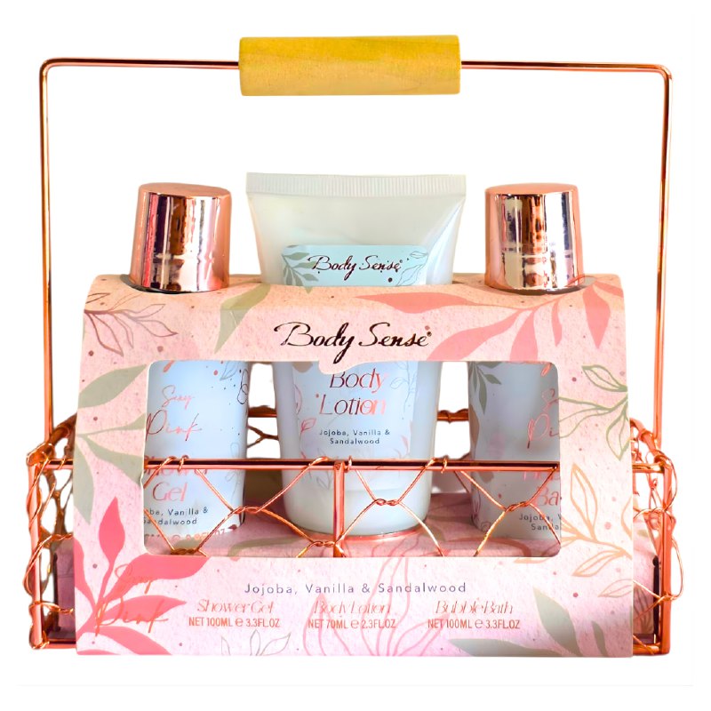 SET DE CUIDADO CORPORAL DE BAÑO DE JOJOBA, VAINILLA Y SANDALO, GEL DUCHA 100ML, CREMA CORPORAL 70ML, BURBUJAS DE BAÑO 100ML BODY SENSE