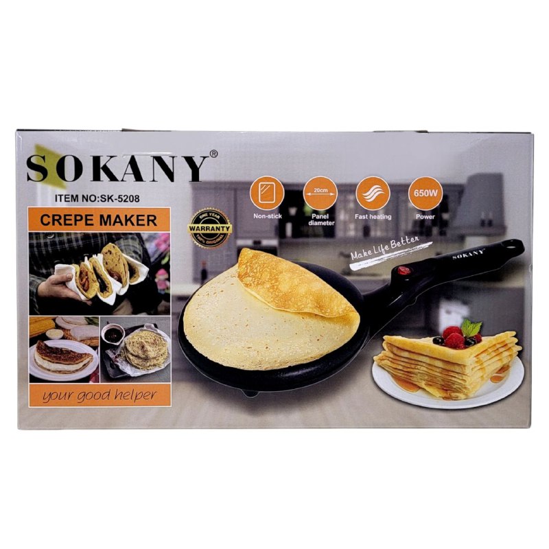 MAQUINA PARA HACER CREPAS, CREPERA 650W FUERZA, 20CM DIAMETRO DEL PANEL, CALENTAMIENTO RAPIDO, ANTIADHERENTE SOKANY SK-5208