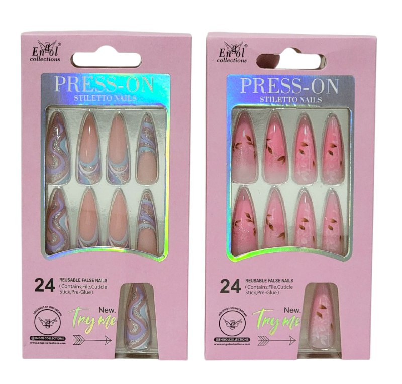UÑAS PRESS ON, POSTIZAS REUTILIZABLES EN SET DE 24 UÑAS, LIMA, PAILLO PARA CUTICULA Y PEGAMENTO ENGOL COLLECTIONS
