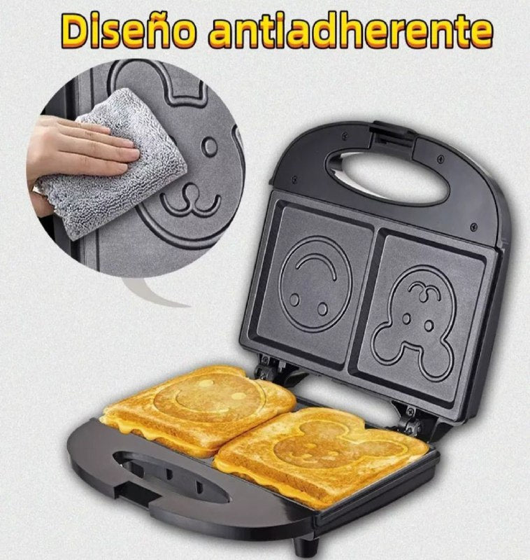 MAQUINA WAFFLERA SANDWICHERA DISEÑO CARITAS SK-128, 750W SOKANY