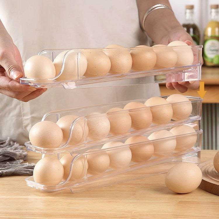 ORGANIZADOR DE HUEVOS TRANSPARENTE TRIPLE CAPA DE 7 HUEVOS CADA UNA ROLLING EGG BOX