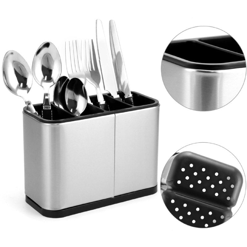 ESTANTE ORGANIZADOR DE ALMACENAMIENTO PARA CUCHARAS, TENEDORES Y CUCHILLOS CON BOQUILLA DE ESCURRIDO DE ACERO INOXIDABLE