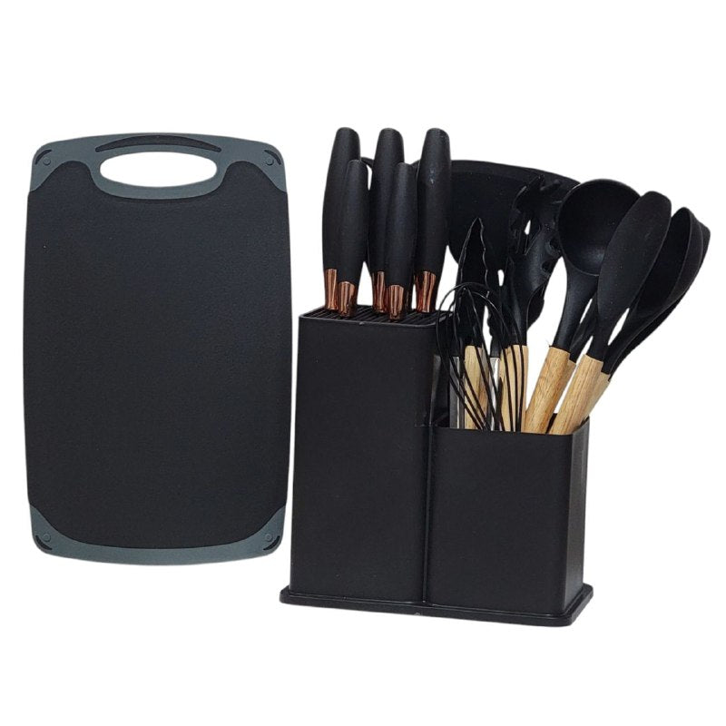 JUEGO DE CUCHILLOS DE COCINA, UTENSILIOS DE COCINA, CUCHARAS DE 18 PIEZAS, DE SILICONA CON SOPORTE DE PLASTICO, AGARRE COMODO, LIGUERO Y PRACTICO, AFILADO Y DURADERO 3 COLORES KITCHENWARE