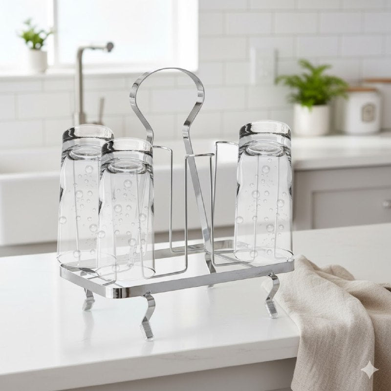 ESTANTE ESCURRIDOR DE VASOS DE METAL CROMADO ELEGANTE Y PRACTICO