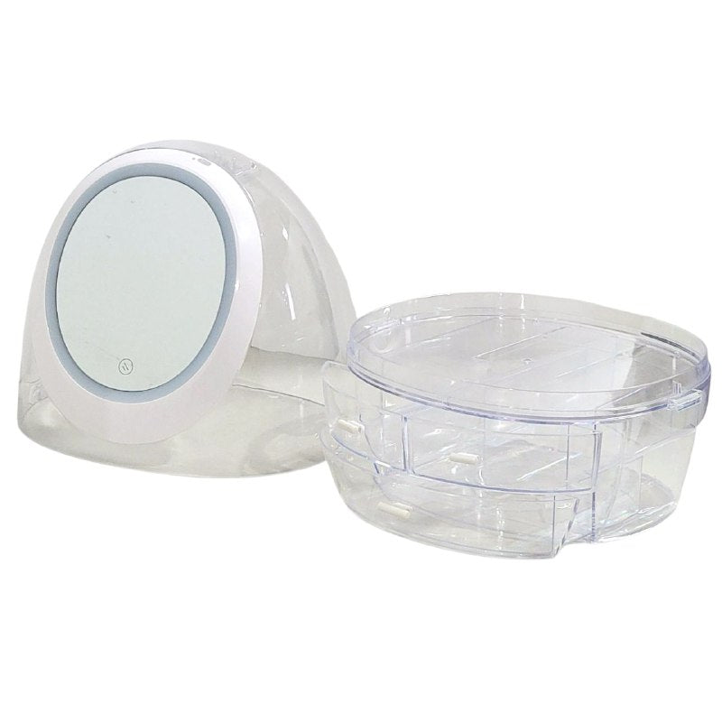 ORGANIZADOR ESTANTE DE COSMETICOS, MAQUILLAJE CON 4 COMPARTIMIENTOS, ESPEJO CON LUZ LED DE 3 MODOS DE INTENSIDAD COLOR TRANSPARENTE