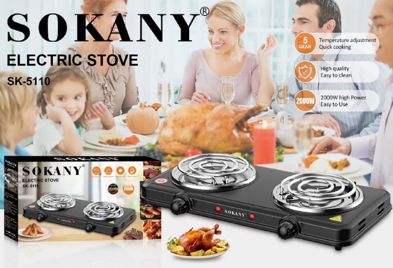 MAQUINA ESTUFA ELECTRICA, GRAN POTENCIA DE FUEGO 2000W, MULTIPLES OPCIONES DE COCCION, POTENCIA AJUSTABLE SOKANY SK-5110