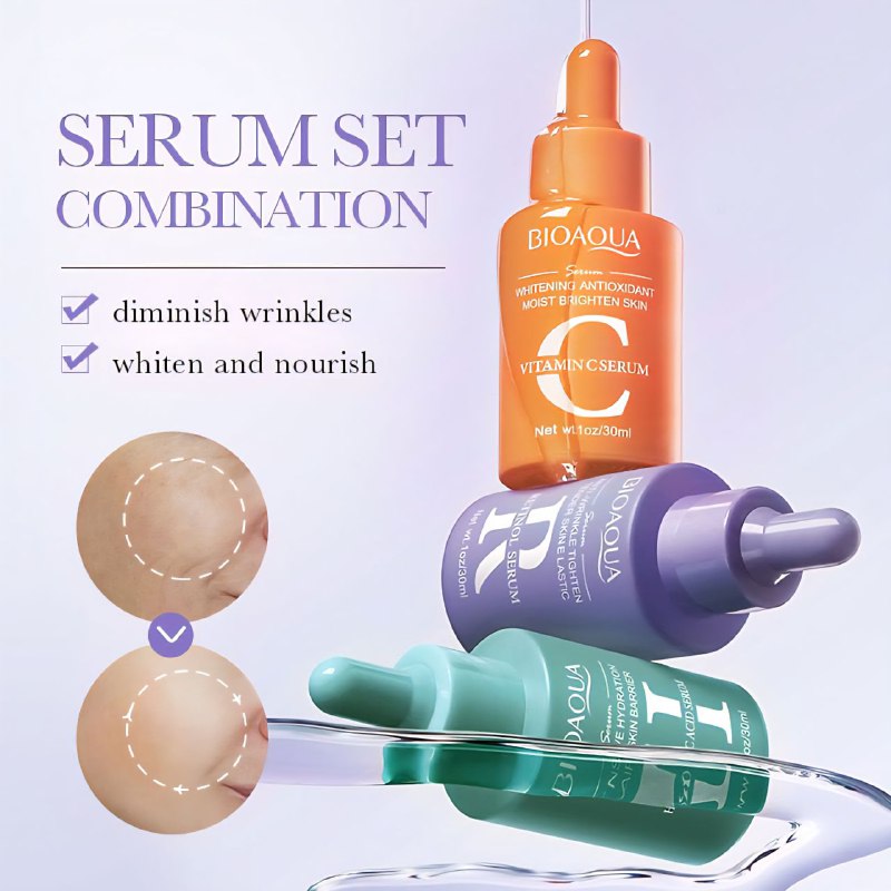 SUERO FACIAL EN SET QUE COMBINA HIDRATACION, ANTIEDAD Y BLANQUEAMIENTO DE LA PIEL 30MLX3, PARA UNA PIEL RADIANTE SUERO CON ACIDO HIALURONICO, SUERO ANTIARRUGAS CON RETINOL, SUERO BLANQUEADOR ANTIOXIDANTE DE VITAMINA C BIOAQUA