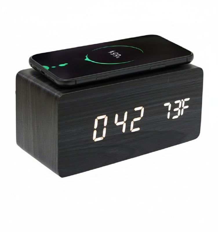 RELOJ DESPERTADOR DIGITAL TIPO MADERA CON FUNCION DE CARA INALAMBRICA Y TEMPERATURA USB, 4 ESTILOS
