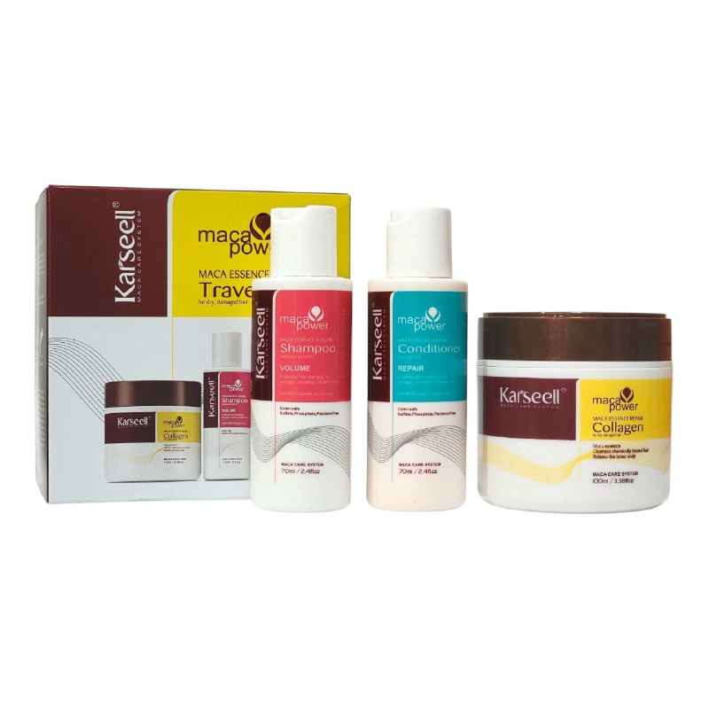 TRATAMIENTO PARA EL CABELLO EN SET DE VIAJE PARA CABELLO 70MLX2,100ML, SECO Y DAÑADO, SHAMPOO VOLUMEN 70ML, ACONDICIONADOR ACEITE ARGAN 70ML, MASCARILLA ACEITE ARGAN 100ML KARSEELL