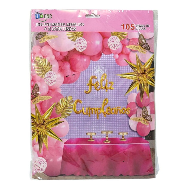 DECORACION PARA CUMPLEAÑOS EN SET COMPLETO, MANTEL METALICO, 2 CORTINAS, 105 GLOBOS