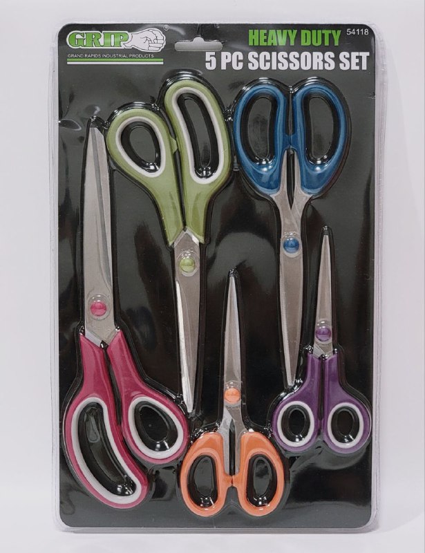 TIJERAS EN SET DE 5 PIEZAS TODO TIPO DE APLICACIONES EN EL HOGAR, OFICINA O TALLER, HOJAS DE ACERO INOXIDABLE RESISTENTE, AGARRE COMODO GRIP HEAVY DUTY