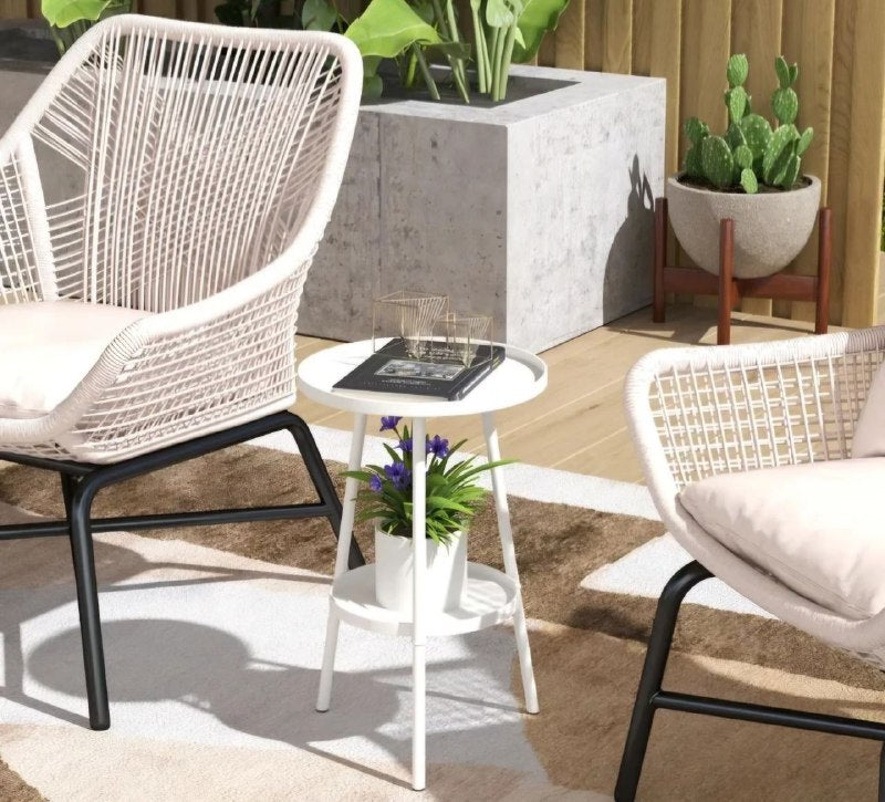 MESA AUXILIAR REDONDA DE METAL PEQUEÑAS DE 2 NIVELES, MESITA DE NOCHE, SALA, JARDIN ESPACIOS PEQUEÑOS 2 COLORES DISPONIBLES 62X32CM